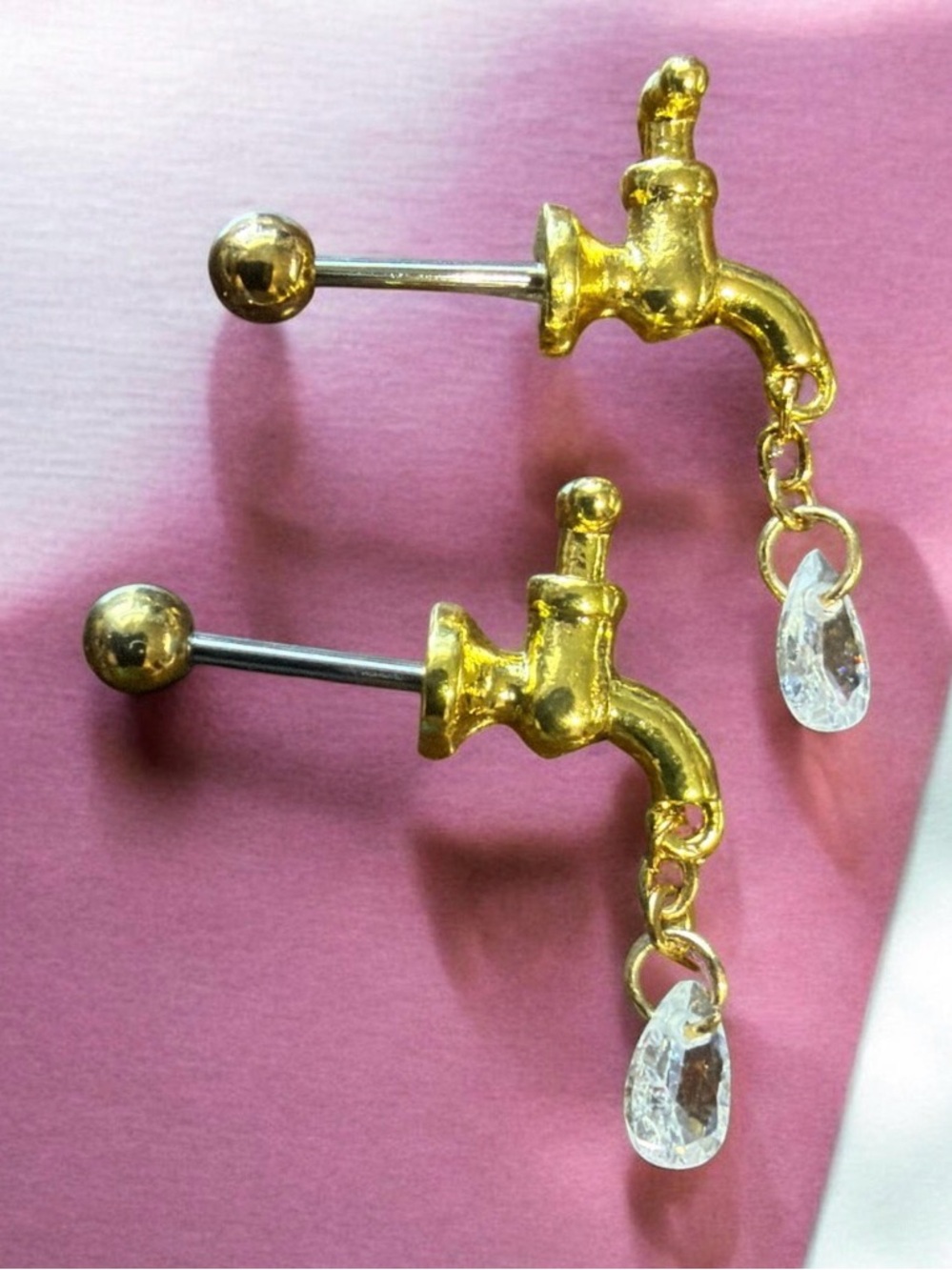 Faucet & Crystal Teardrop Barbell Earring Stud Pair Gold Tone NEW